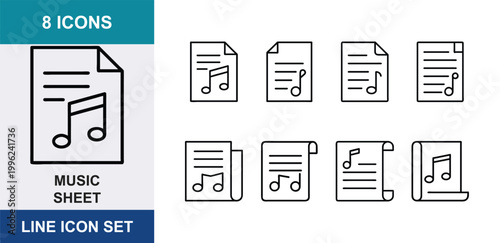 8 Music sheet linear icons note paper, song lyrics document, melody script scroll, UI and web interface design