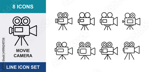 8 Movie camera linear icons tripod lens film reel cinematography equipment, UI and web interface design