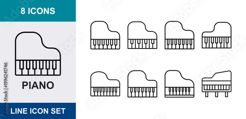 8 Piano linear icons musical keyboard instrument keys grand concert equipment, UI and web interface design