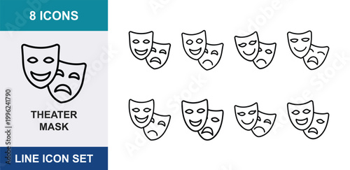 8 Theater mask linear icons comedy tragedy drama faces acting performance, UI and web interface design