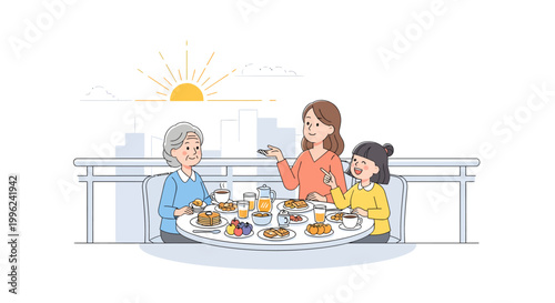 family having breakfast together outdoors at sunrise