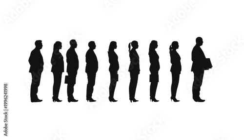 Professionals wait in a structured row representing a corporate recruitment process or interview.