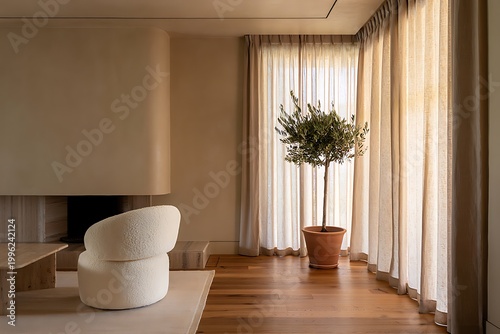 Tranquil contemporary living room bathed in natural light, featuring minimalist design with warm neutral tones and an inviting ambiance