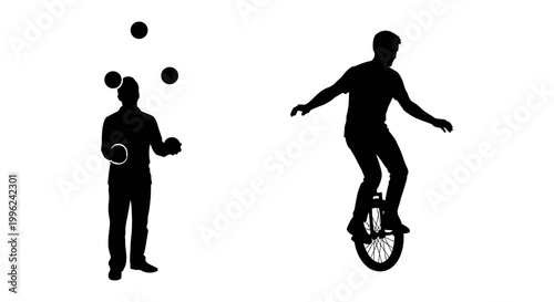 Circus performer icon set with juggler and unicycle rider silhouette, white background, vector Illustration