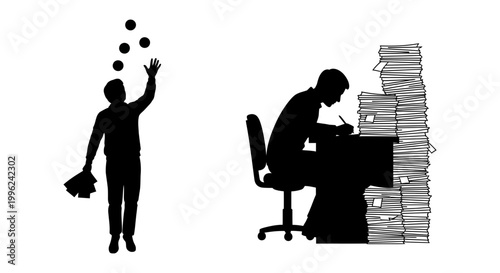 Multitasking and Overworked Businessman icon set silhouette, white background, vector Illustration