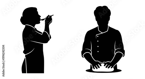 Chef icon set with baker kneading dough and cook tasting food, black silhouette vector Illustration, white background