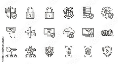 Cybersecurity icons collection digital security and data protection concepts.