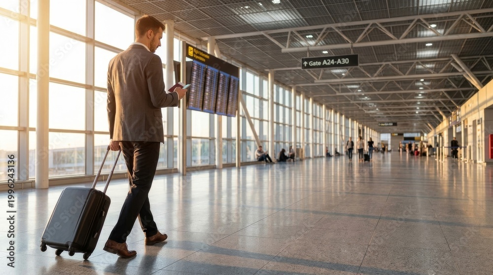 Obraz premium Man with Suitcase Walking in Airport Terminal Looking at Flight Information Board.