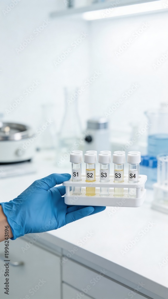 Fototapeta premium A gloved hand carefully holds a rack of test tubes in a laboratory setting, highlighting the precision and care taken in medical research and experimentation.