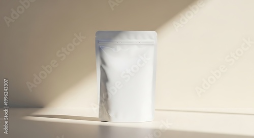 White stand-up pouch with zipper on a light background