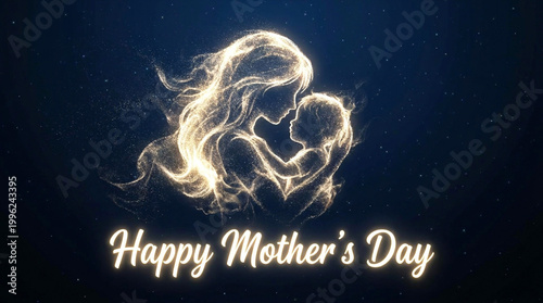 Glowing particle animation forming a mother and child silhouette with soft fade in and fade out