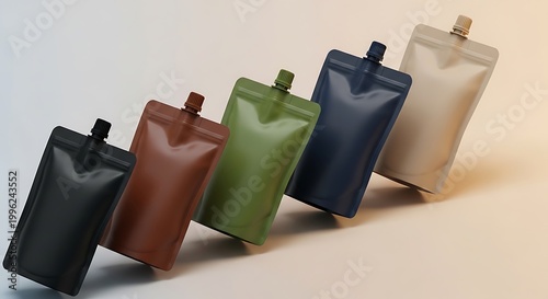 Five colorful stand up pouches with caps arranged diagonally