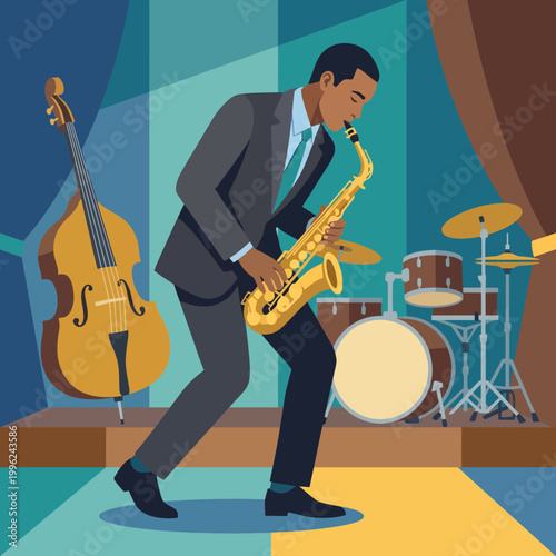 A talented saxophonist passionately plays on stage, accompanied by a bass and drum set, capturing the essence of live jazz music and artistic expression.