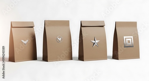 Four brown paper bags with metallic logos on white background