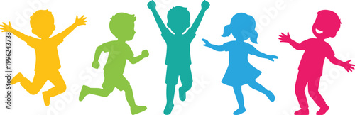 Joyful children in colorful silhouettes jumping and running with excitement