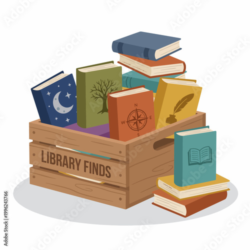 This illustration features a wooden crate overflowing with vibrant books, symbolizing knowledge, discovery, and the joy of reading, ideal for educational and literary contexts.