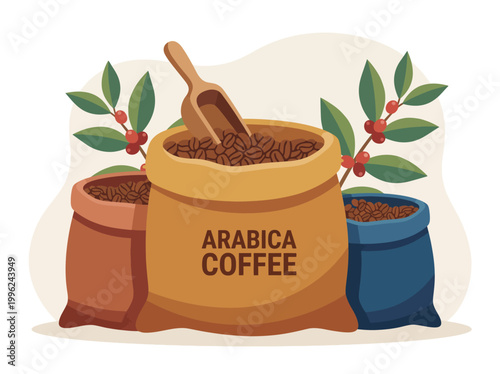 This visual of Arabica coffee beans in vibrant colorful bags highlights the beauty and richness of coffee culture, ideal for coffee lovers and brands aiming for a lively presentation.