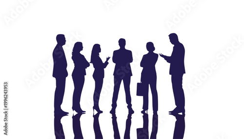 Business team members stand together in a line to collaborate on a new corporate project proposal.