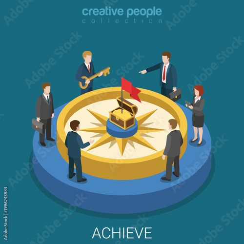 This illustration depicts a diverse group of professionals interacting around a large compass, symbolizing teamwork, guidance, and achieving common goals in a corporate setting.