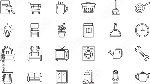 Set of 25 line icons for household items and daily objects