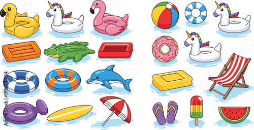 Summer Pool Float Vector Set with Inflatable Unicorn Flamingo Rings Beach Chair Umbrella and Water Fun Illustration Collection