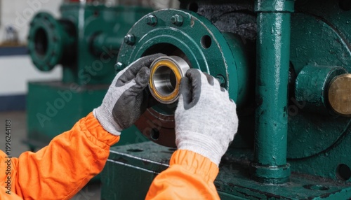 Medium shot of a greased bearing being positioned within a machine highlighting lubrication application and maintenance efficiency.