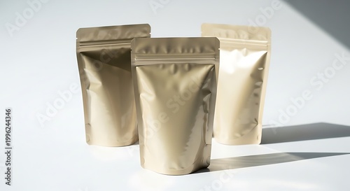 Three beige stand-up pouches with zippers on white