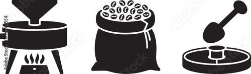Coffee roasting equipment and beans a collection of icons set representing coffee production process
