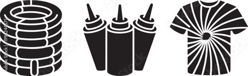 Coil of rope plus sauce bottles and t shirt illustration in black and white style with white background