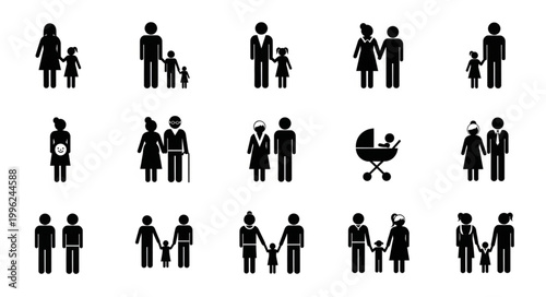 Collection of diverse family unit icons representing different generations and structures.