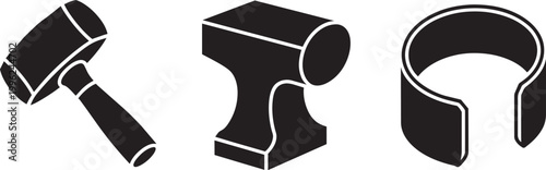 Isometric vintage tools vector illustration with black lines on white background with hammer anvil