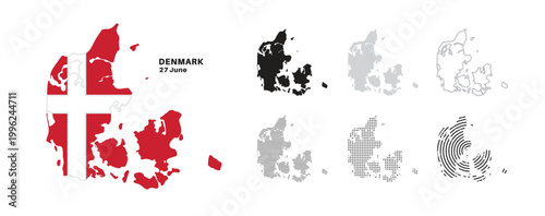 Set of isolated denmark maps. denmark flag overlaid with flag proportions. Maps and traveling around the world