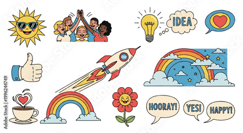 Cartoon illustrations of inspirational symbols and positive elements