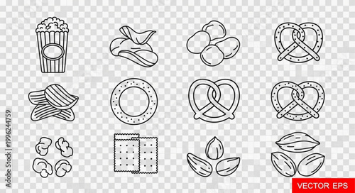 Collection of hand-drawn snack food icons on transparent background.