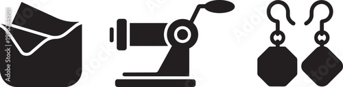 Open wallet old film camera and elegant dangle earrings silhouette vector illustration design element