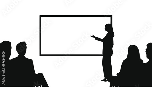 Businesswoman presents information on a blank screen to her attentive team members in a meeting.