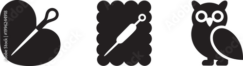 Oven mitt with sewing pin graphic asset and digital art icons set for owl and clean with user interface