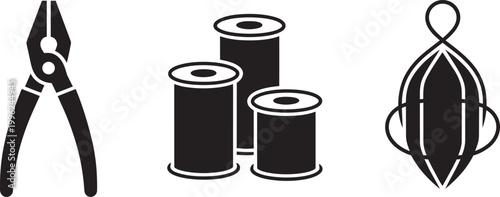 Pliers with spools of thread and abstract decorative element simple monochrome vector illustration