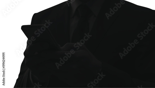 Businessman holds a mobile phone while checking digital notifications in this dark silhouette study.