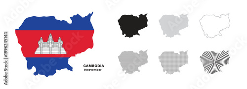 Set of isolated cambodia maps. cambodia flag overlaid with flag proportions. Maps and traveling around the world