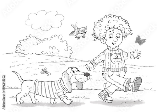Favorite pets. A cute boy playing with his favorite pets. Illustration for children. Coloring page. Cute and funny cartoon characters