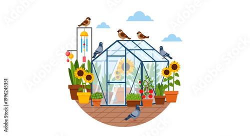 Colorful greenhouse with birds and sunflowers illustration