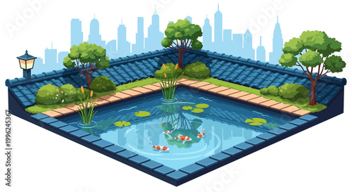 Pixel art city corner pond with fountain and koi fish