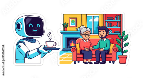 Robot serving coffee to elderly couple at home