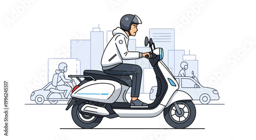 Man riding electric scooter in city, eco-friendly transportation