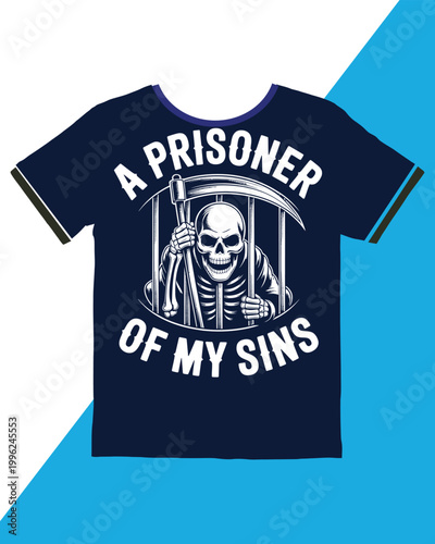 Navy blue tshirt with grim reaper in prison bars design
