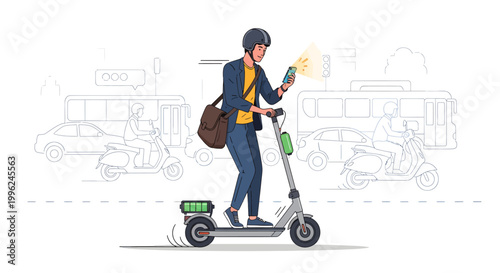 Man riding electric scooter while checking phone in city