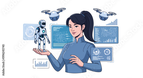 Woman interacting with robot and digital interface technology