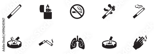 Smoking and Anti-Smoking Icon Set. Cigarette, Lungs, Ashtray and Healthy Life. Vector Illustration.
