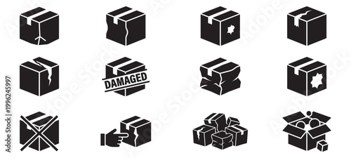 Damaged Delivery Box Icon Set. Broken Package, Logistics, Crushed Cargo. Vector Illustration.